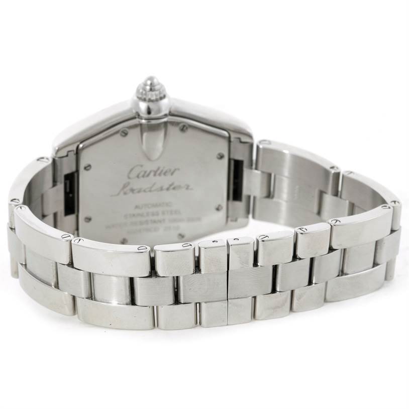 The image shows the back case and bracelet of a Cartier Roadster W62002V3 Men
s Stainless Steel Black Dial W62002V3 Men
s Stainless Steel Black Dial watch with engraved details.