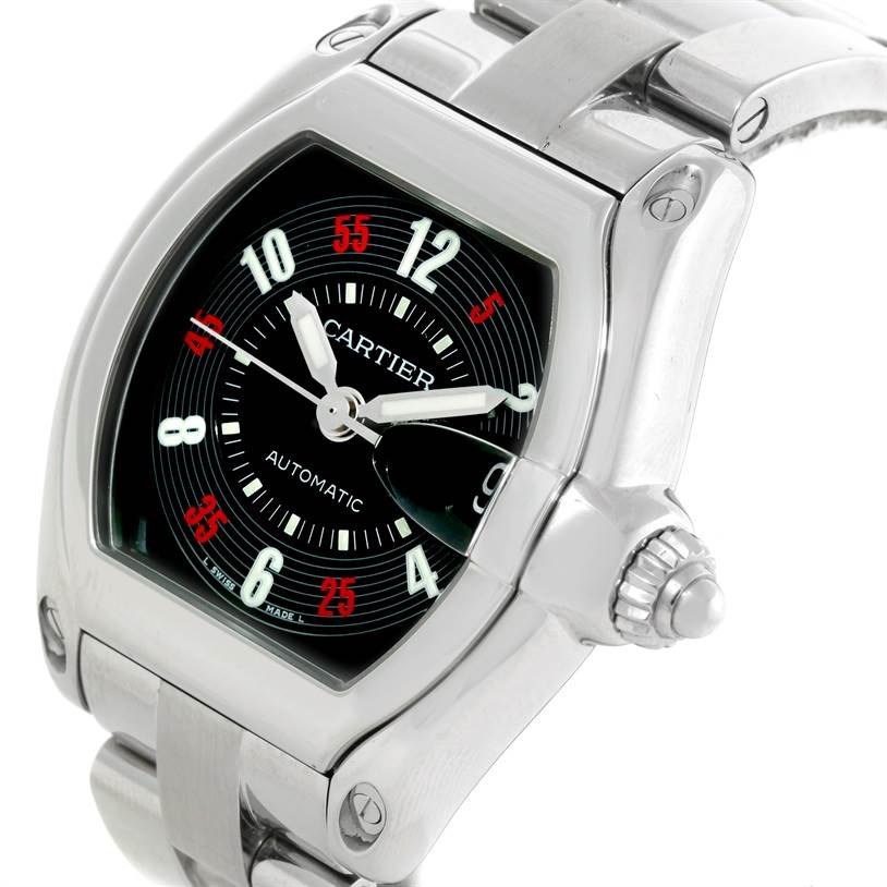 This image shows a close-up angle of the Cartier Roadster W62002V3 Men
s Stainless Steel Black Dial W62002V3 Men
s Stainless Steel Black Dial watch, highlighting its face, crown, and part of the metal bracelet.