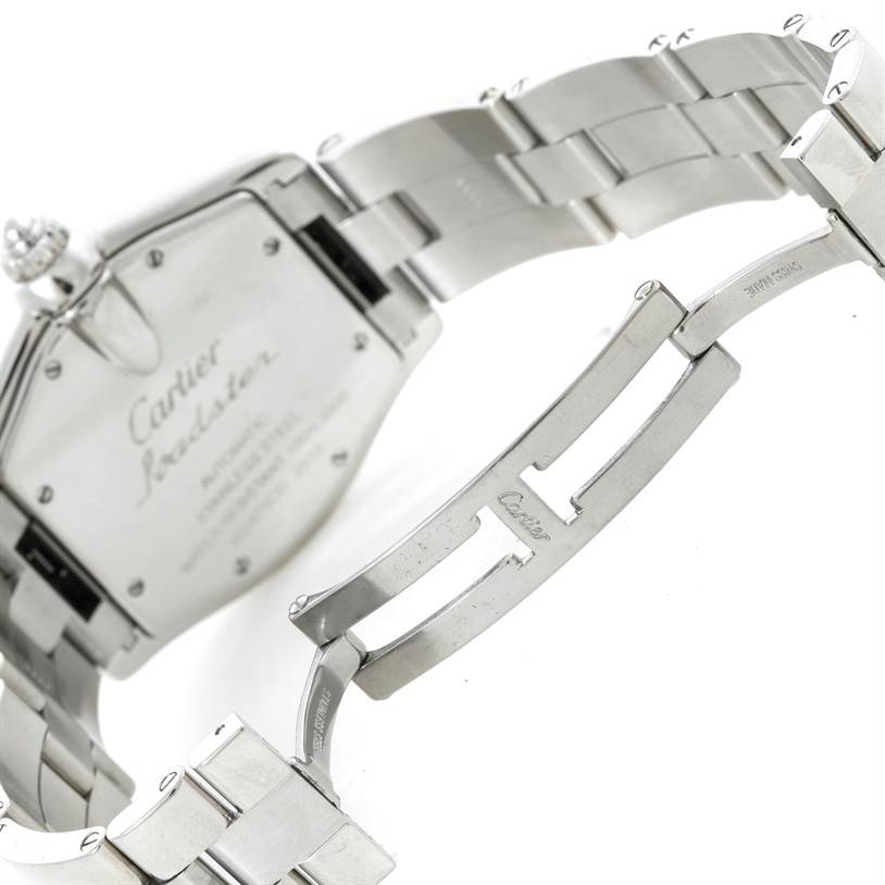 The image shows the back case and open stainless steel bracelet of a Cartier Roadster W62002V3 Men
s Stainless Steel Black Dial W62002V3 Men
s Stainless Steel Black Dial model watch.