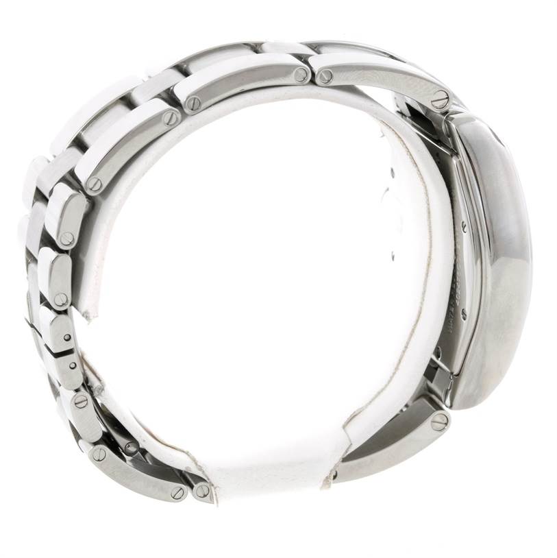 Side view of a Cartier Roadster W62002V3 Men
s Stainless Steel Black Dial W62002V3 Men
s Stainless Steel Black Dial model watch showing the stainless steel bracelet and case profile.