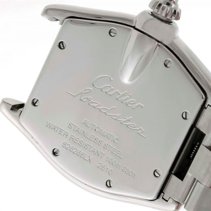 The image shows the back case of a Cartier Roadster W62025V3 Men's Stainless Steel Silver Dial W62025V3 Men's Stainless Steel Silver Dial watch, highlighting its engravings and attachment points.
