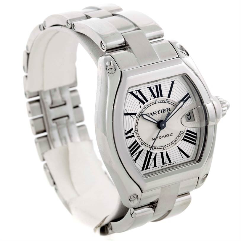 The image shows a Cartier Roadster W62025V3 Men's Stainless Steel Silver Dial W62025V3 Men's Stainless Steel Silver Dial watch from a three-quarter angle, displaying the face, case, and part of the bracelet.