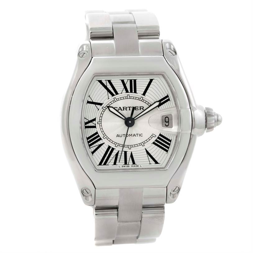 The Cartier Roadster W62025V3 Men's Stainless Steel Silver Dial W62025V3 Men's Stainless Steel Silver Dial watch is shown from the front, displaying its face, bezel, crown, and metal bracelet.