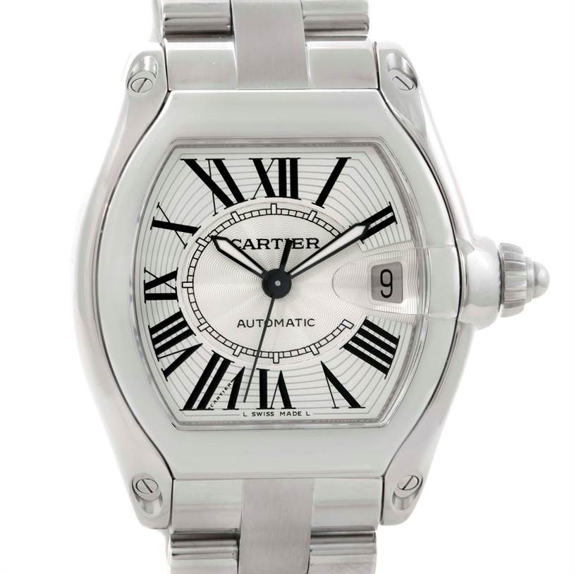This image shows a frontal view of a Cartier Roadster W62025V3 Men's Stainless Steel Silver Dial W62025V3 Men's Stainless Steel Silver Dial model watch, displaying the dial, hands, date window, and part of the bracelet.