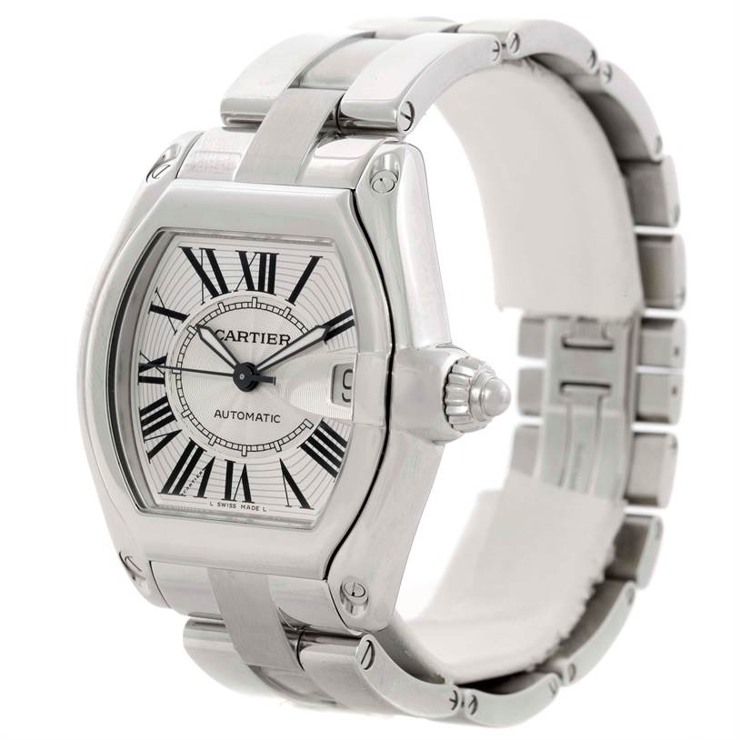 The Cartier Roadster W62025V3 Men's Stainless Steel Silver Dial W62025V3 Men's Stainless Steel Silver Dial watch is shown at a three-quarter angle, highlighting the dial, bezel, crown, and metal bracelet.