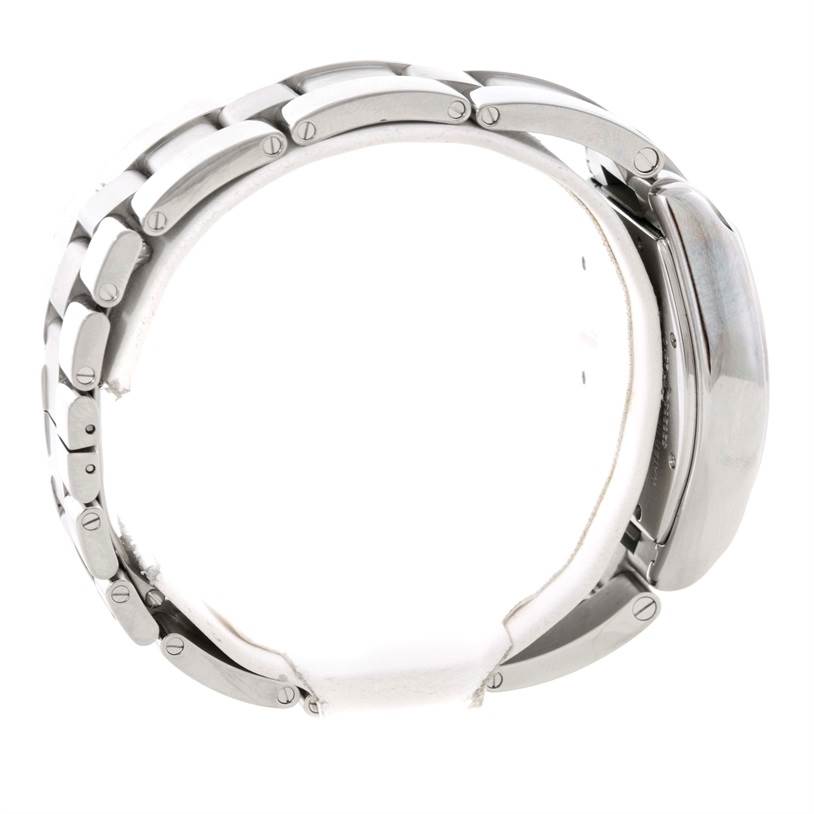 This image shows a side view of the Cartier Roadster W62025V3 Men's Stainless Steel Silver Dial W62025V3 Men's Stainless Steel Silver Dial watch, highlighting its stainless steel bracelet and case.