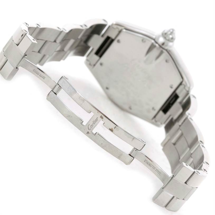 The image shows the back view of the Cartier Roadster W62025V3 Men's Stainless Steel Silver Dial W62025V3 Men's Stainless Steel Silver Dial watch, focusing on the bracelet and clasp.
