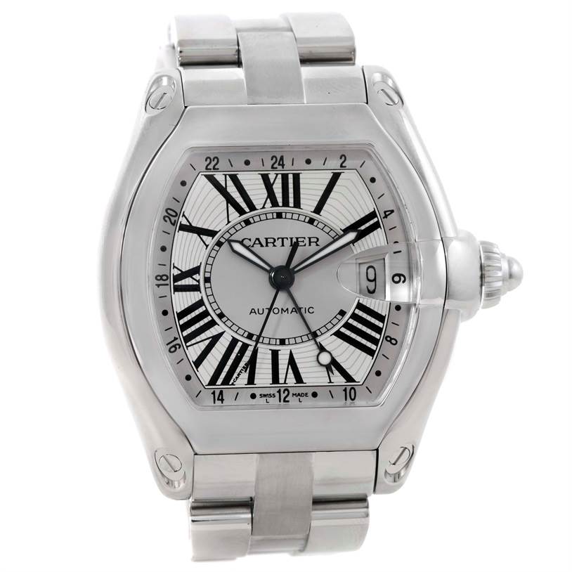 This image shows a front view of the Cartier Roadster W62032X6 Men's Stainless Steel Silver Dial W62032X6 Men's Stainless Steel Silver Dial model watch, displaying its dial, bezel, and part of the bracelet.