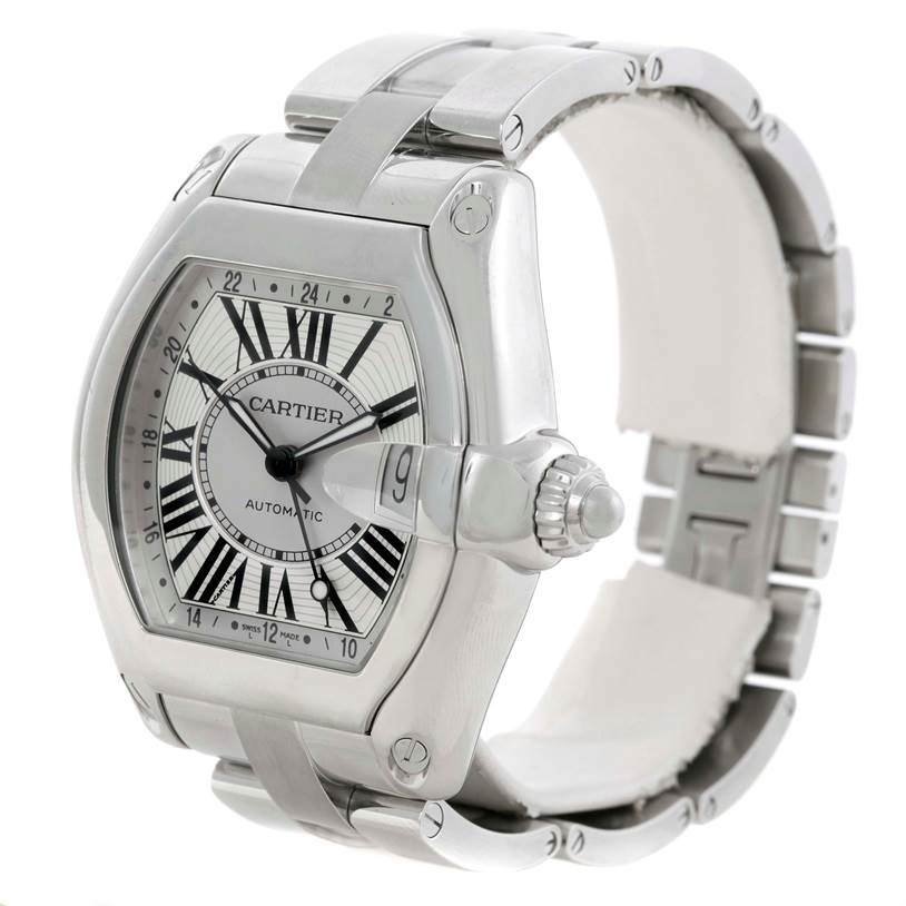 The image shows a Cartier Roadster W62032X6 Men's Stainless Steel Silver Dial W62032X6 Men's Stainless Steel Silver Dial watch from a three-quarter angle, highlighting the dial, bezel, crown, and bracelet.