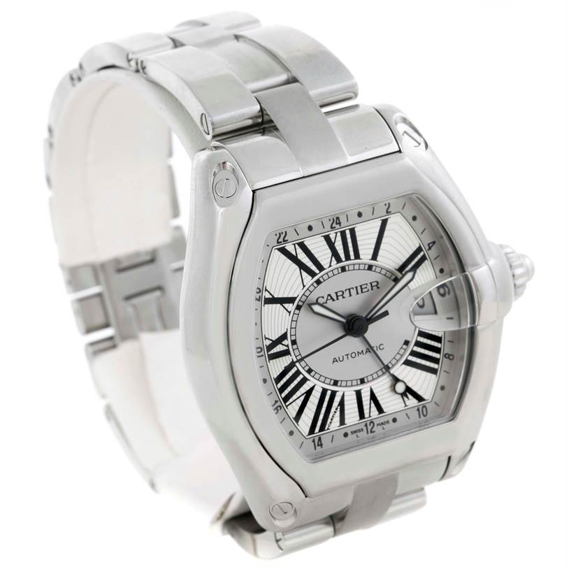 The image shows a Cartier Roadster W62032X6 Men's Stainless Steel Silver Dial W62032X6 Men's Stainless Steel Silver Dial watch angled to display the face, bezel, and part of the bracelet.