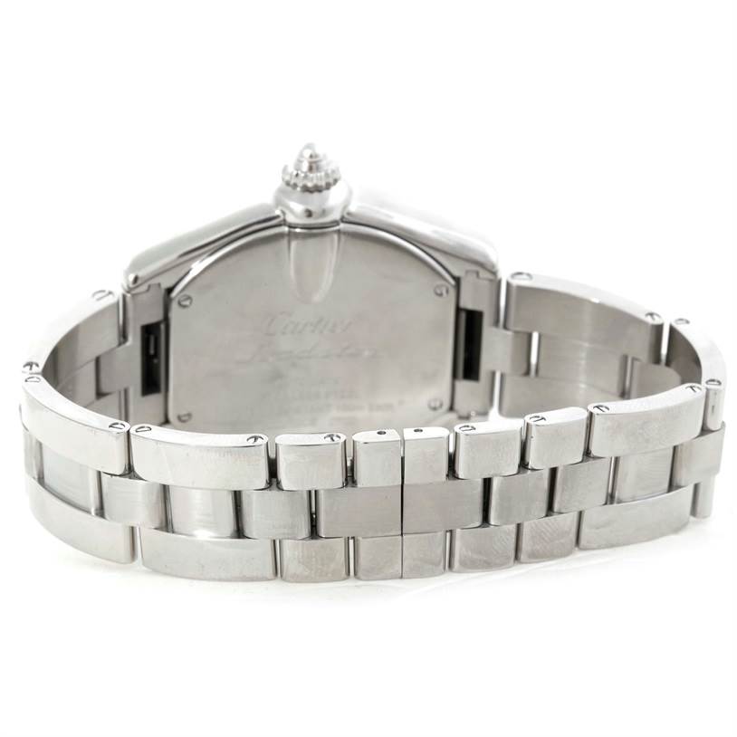 The image shows the back view of a Cartier Roadster W62032X6 Men's Stainless Steel Silver Dial W62032X6 Men's Stainless Steel Silver Dial model watch, including the bracelet and case back.