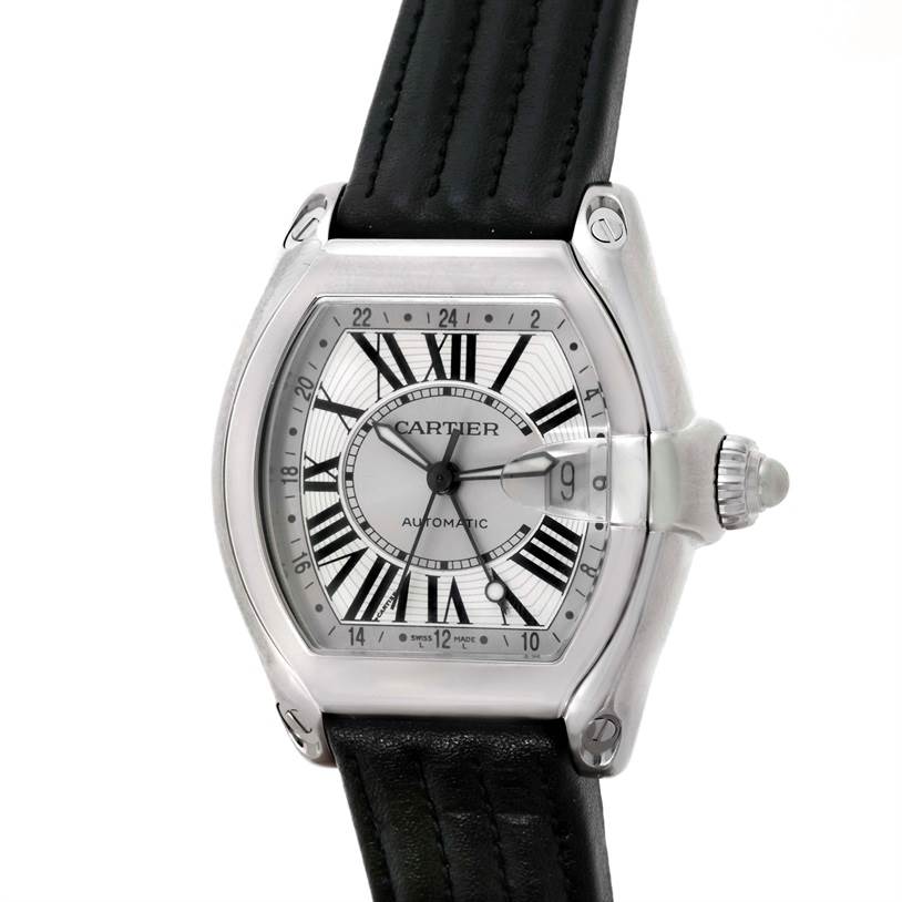 This image shows a Cartier Roadster W62032X6 Men's Stainless Steel Silver Dial W62032X6 Men's Stainless Steel Silver Dial watch from a front angle, highlighting its dial, case, and part of its black strap.