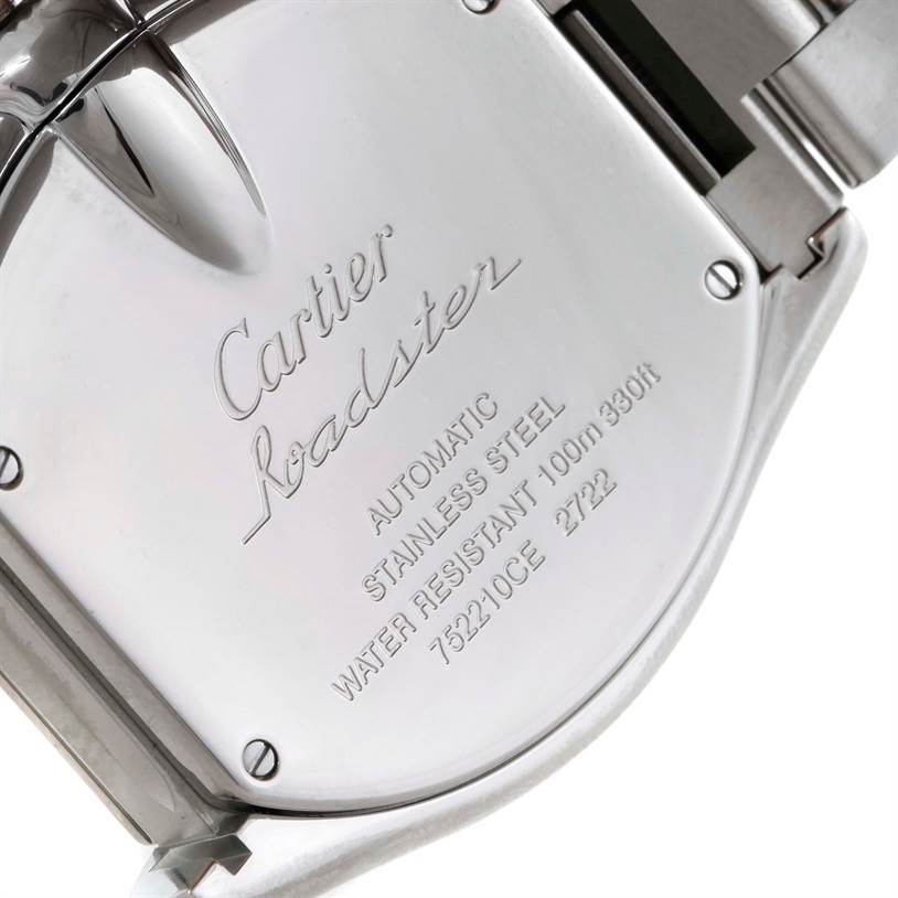 The image shows the back case of a Cartier Roadster W62032X6 Men's Stainless Steel Silver Dial W62032X6 Men's Stainless Steel Silver Dial watch, highlighting details such as water resistance and material.