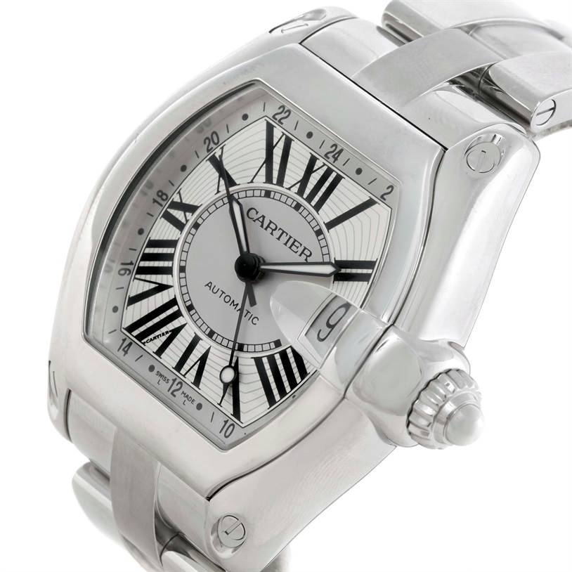 The image shows a close-up angle of the Cartier Roadster W62032X6 Men's Stainless Steel Silver Dial W62032X6 Men's Stainless Steel Silver Dial watch face, bezel, crown, and part of the bracelet.