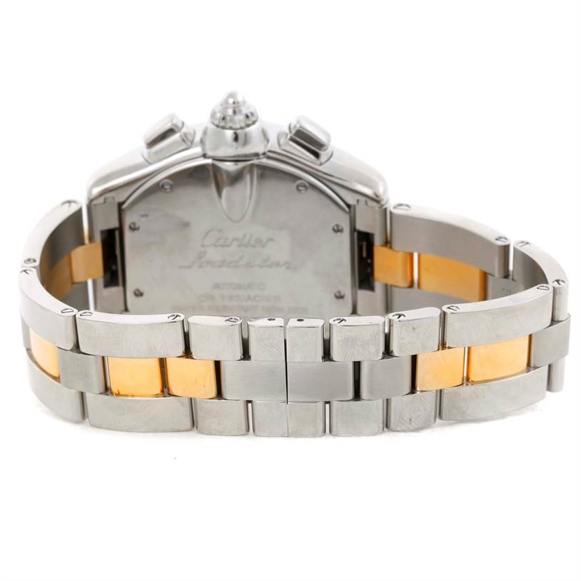 The image shows the back view of the Cartier Roadster W62027Z1 Men's Steel and Gold (two tone) Silver Dial W62027Z1 Men's Steel and Gold (two tone) Silver Dial watch, highlighting the case back and metal bracelet with gold accents.