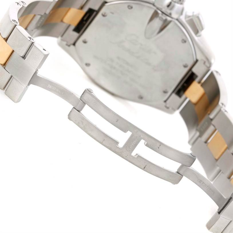 The image shows the back and clasp mechanism of a Cartier Roadster W62027Z1 Men's Steel and Gold (two tone) Silver Dial W62027Z1 Men's Steel and Gold (two tone) Silver Dial watch, highlighting its two-tone metal bracelet.