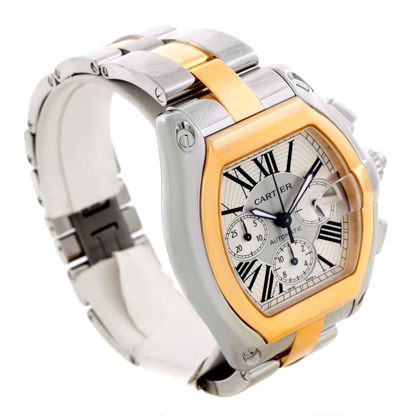 The image shows a Roadster model watch by Cartier, viewed from an angled perspective displaying the dial and part of the bracelet.