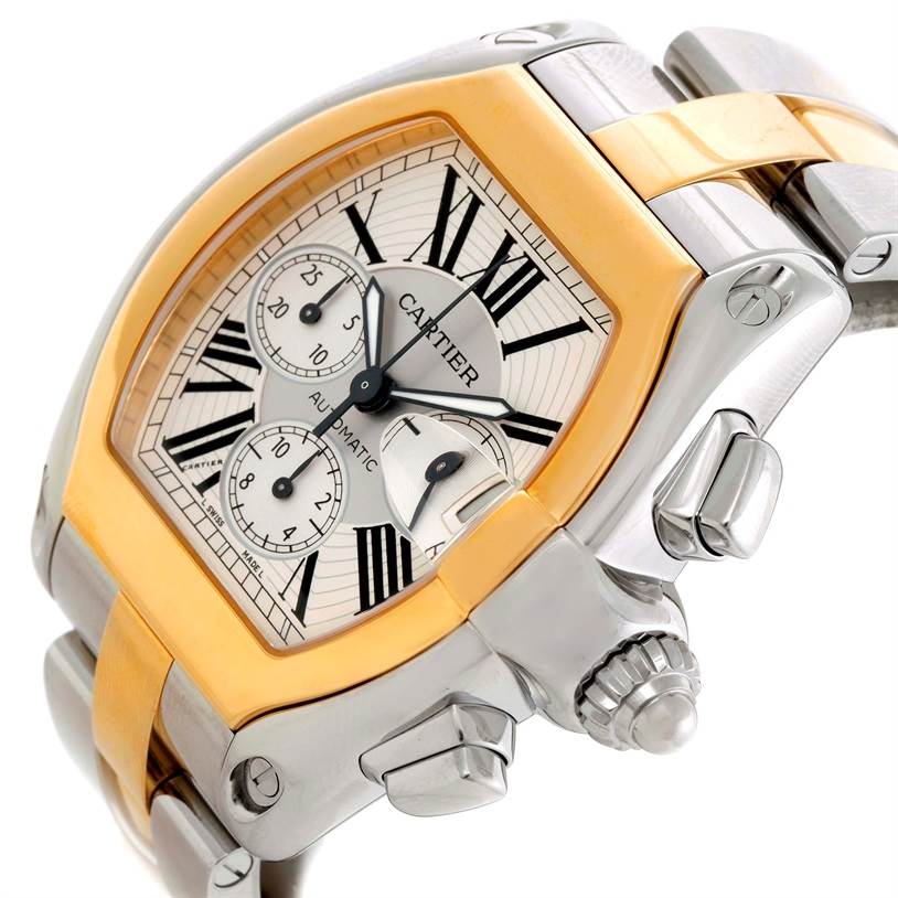 This image shows a close-up, angled view of the Cartier Roadster W62027Z1 Men's Steel and Gold (two tone) Silver Dial W62027Z1 Men's Steel and Gold (two tone) Silver Dial watch, highlighting the face, crown, and part of the band.