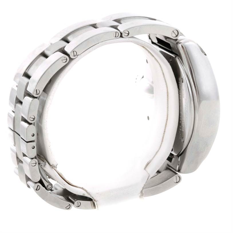 The image shows a side angle of the Cartier Roadster W62019X6 Men's Stainless Steel Silver Dial W62019X6 Men's Stainless Steel Silver Dial watch, highlighting its metal bracelet and case back.