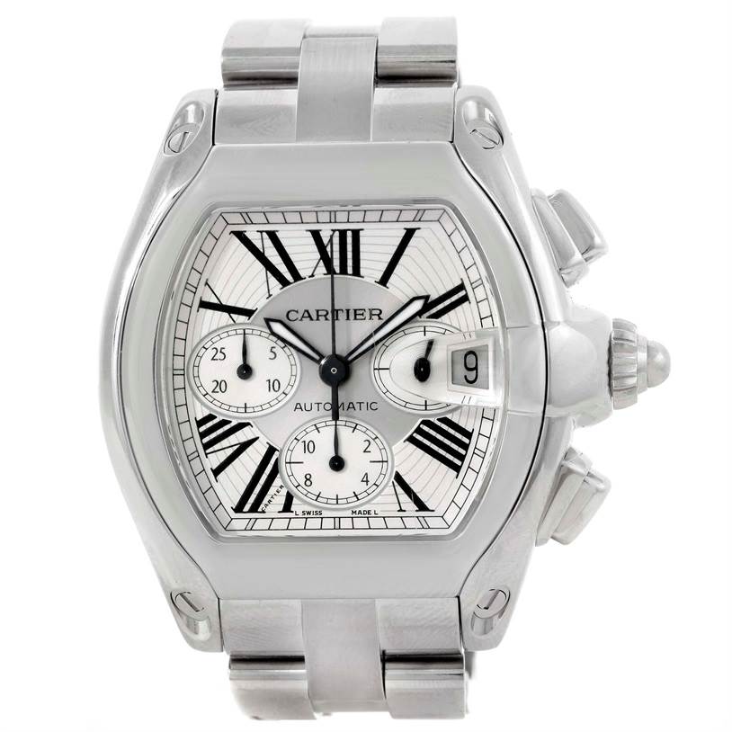 The image shows a Cartier Roadster W62019X6 Men's Stainless Steel Silver Dial W62019X6 Men's Stainless Steel Silver Dial watch from a frontal angle, highlighting the face, case, and metal strap.