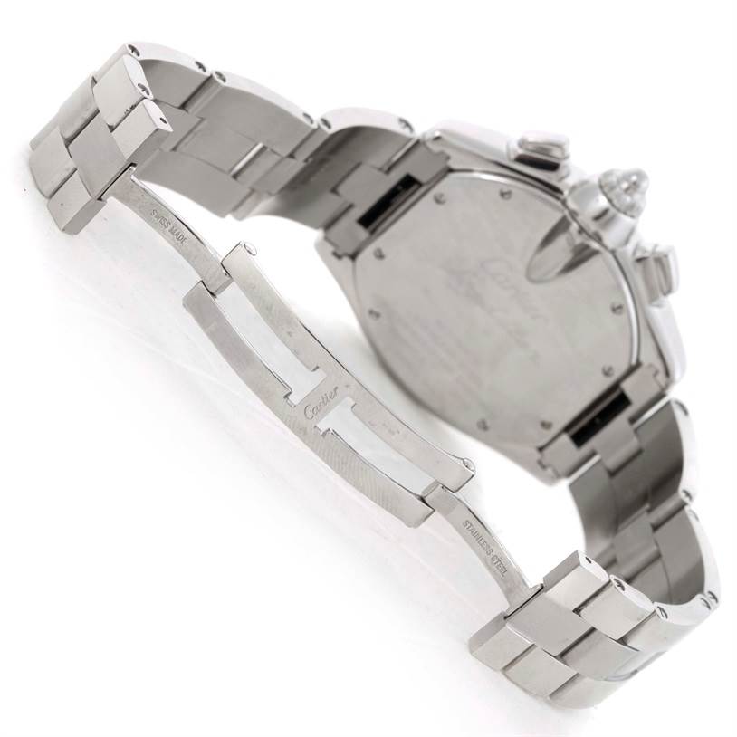 The image shows the back and clasp of the Cartier Roadster W62019X6 Men's Stainless Steel Silver Dial W62019X6 Men's Stainless Steel Silver Dial watch at an angled view.