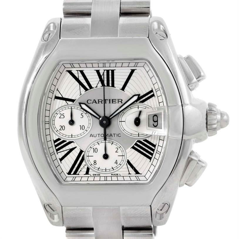This image shows a frontal view of the Cartier Roadster W62019X6 Men's Stainless Steel Silver Dial W62019X6 Men's Stainless Steel Silver Dial watch, displaying its face, dial, and part of the metal bracelet.