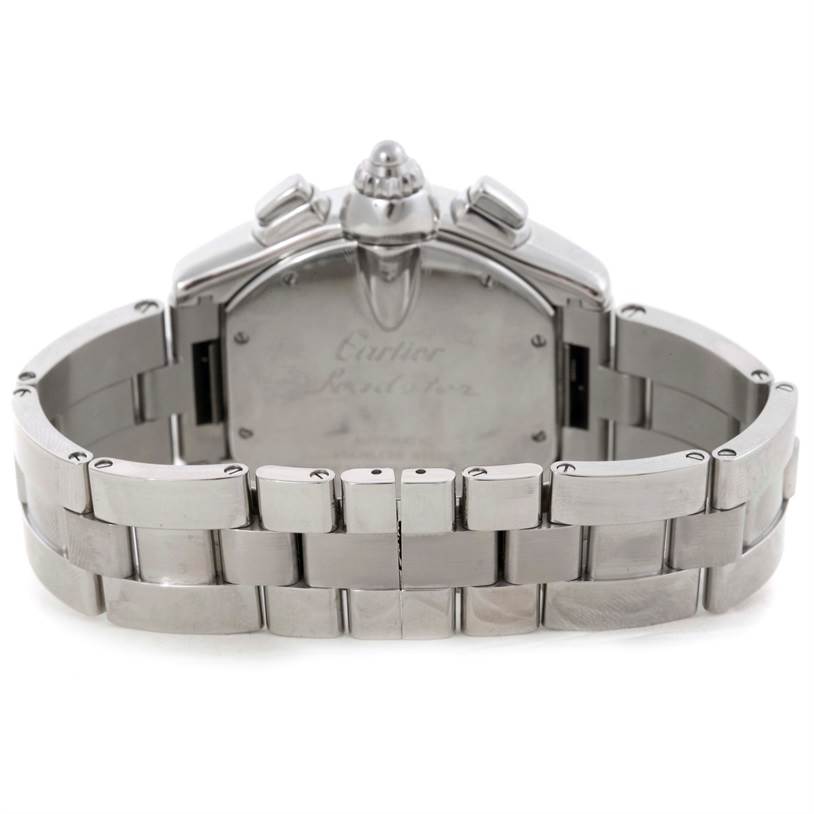 This image shows the back view of the Cartier Roadster W62019X6 Men's Stainless Steel Silver Dial W62019X6 Men's Stainless Steel Silver Dial watch, focusing on its bracelet and case back.