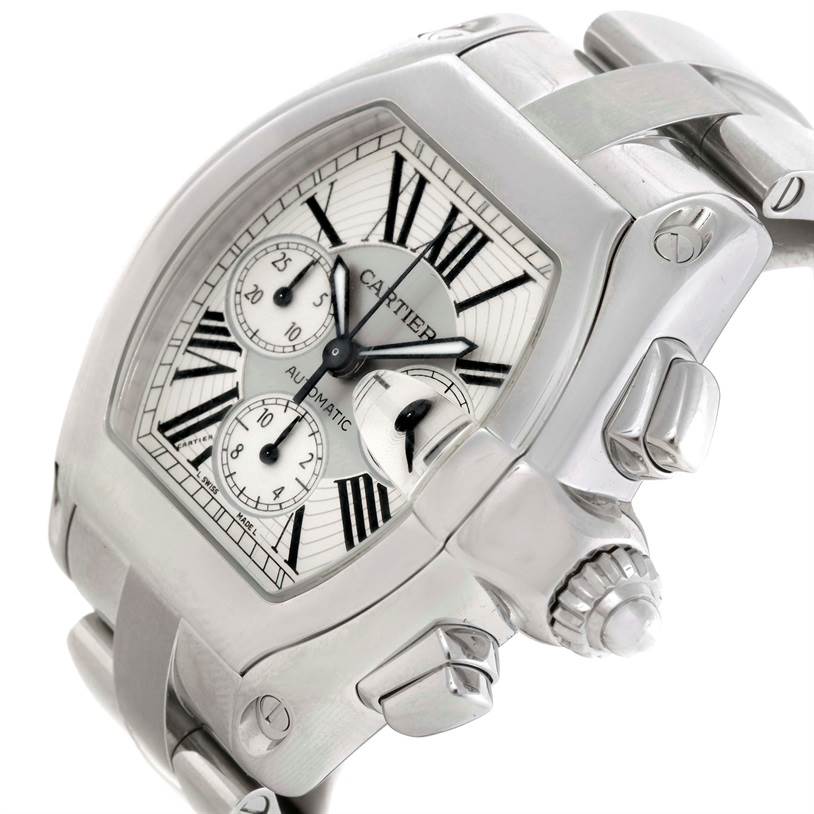 The image shows a close-up side angle of the Cartier Roadster W62019X6 Men's Stainless Steel Silver Dial W62019X6 Men's Stainless Steel Silver Dial watch featuring its face, chronograph sub-dials, and crown.