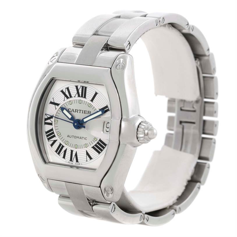 The Cartier Roadster W62000V3 Men's Stainless Steel Silver Dial W62000V3 Men's Stainless Steel Silver Dial watch is shown at a three-quarter angle, displaying its face, crown, and metal bracelet.