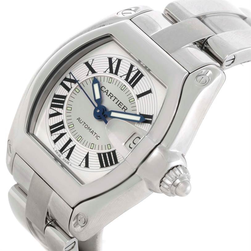 The Cartier Roadster W62000V3 Men's Stainless Steel Silver Dial W62000V3 Men's Stainless Steel Silver Dial watch is shown at an angle highlighting the face, casing, crown, and part of the bracelet.