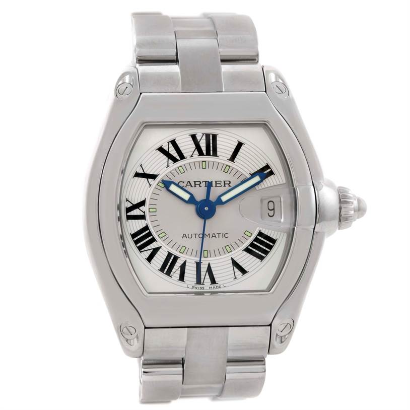 The image shows a front view of the Cartier Roadster W62000V3 Men's Stainless Steel Silver Dial W62000V3 Men's Stainless Steel Silver Dial watch, highlighting the dial, case, and bracelet.