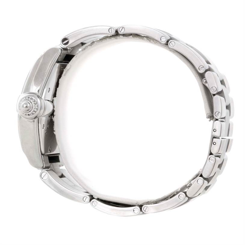 The image shows a Cartier Roadster W62000V3 Men's Stainless Steel Silver Dial W62000V3 Men's Stainless Steel Silver Dial watch from a side angle, highlighting its metal bracelet and crown.