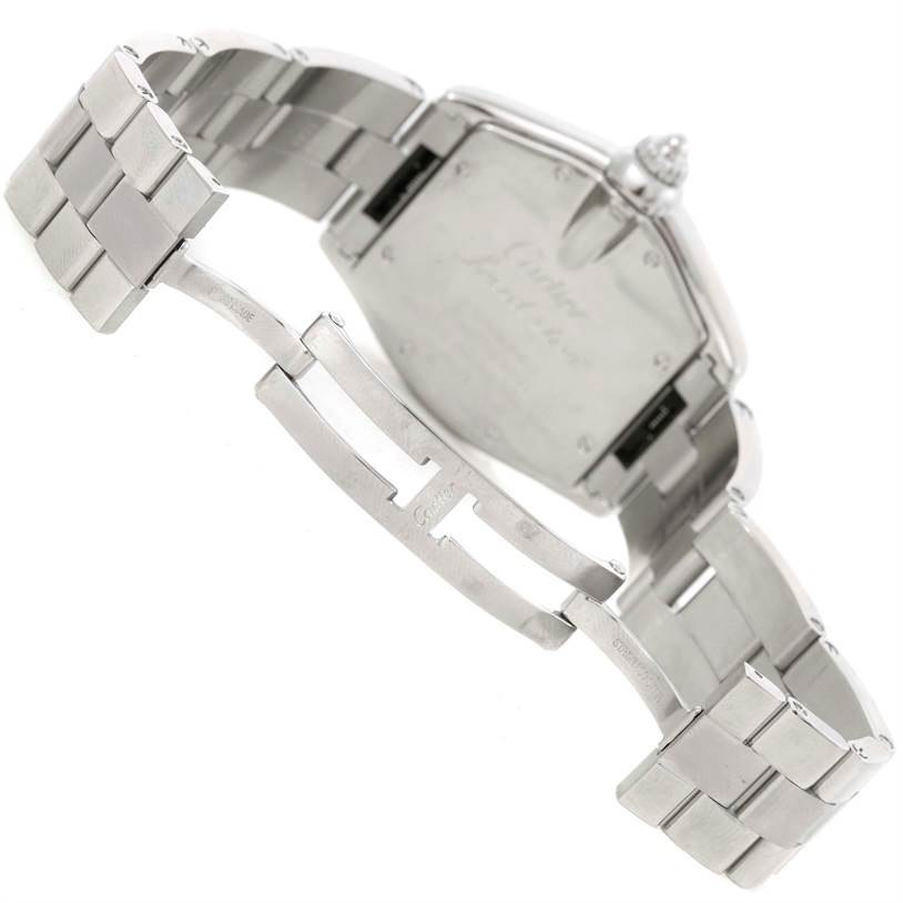This image shows the back case and steel bracelet of a Cartier Roadster W62000V3 Men's Stainless Steel Silver Dial W62000V3 Men's Stainless Steel Silver Dial watch from a rear and side angle.