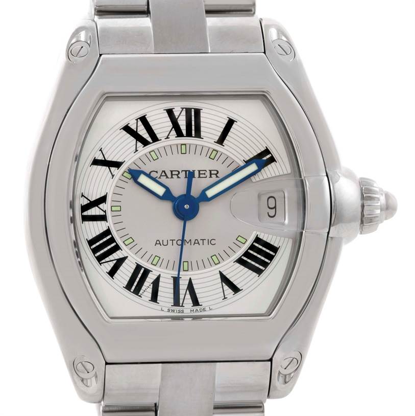 The image shows a frontal view of a Cartier Roadster W62000V3 Men's Stainless Steel Silver Dial W62000V3 Men's Stainless Steel Silver Dial watch, highlighting the dial, crown, and part of the bracelet.