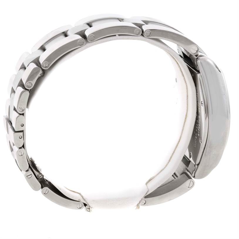 The image shows a side view of a Cartier Roadster W62000V3 Men's Stainless Steel Silver Dial W62000V3 Men's Stainless Steel Silver Dial watch focusing on the metal bracelet and case.