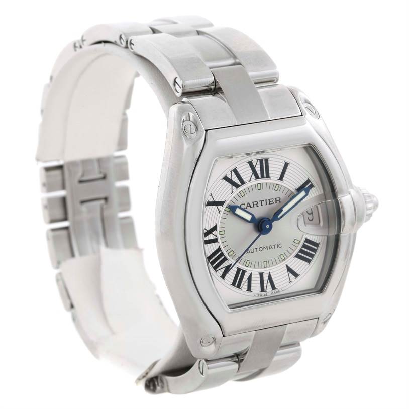 The image shows a Cartier Roadster W62000V3 Men's Stainless Steel Silver Dial W62000V3 Men's Stainless Steel Silver Dial watch from a slightly angled view, highlighting the watch face, bezel, and bracelet.