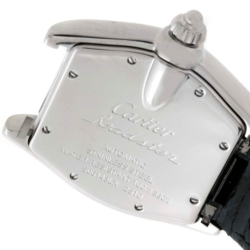 The image shows the back case of the Cartier Roadster W62025V3 Men
s Stainless Steel Silver Dial W62025V3 Men
s Stainless Steel Silver Dial watch, displaying the model information and water resistance details.