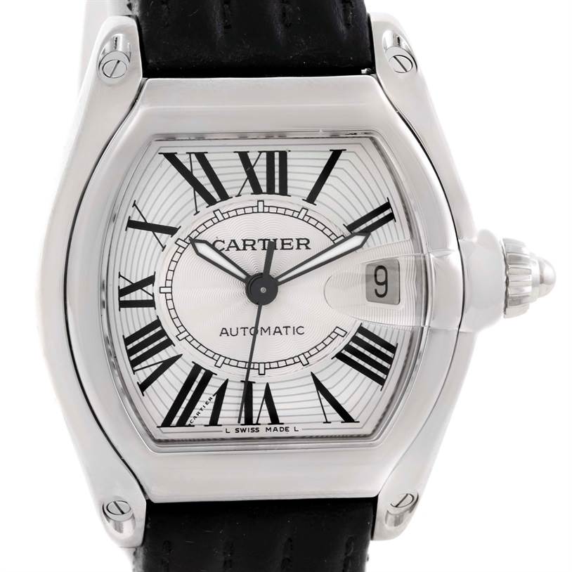 The image shows a front view of the Cartier Roadster W62025V3 Men
s Stainless Steel Silver Dial W62025V3 Men
s Stainless Steel Silver Dial watch displaying its dial, Roman numerals, hands, case, and part of the strap.