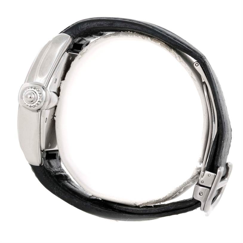 The image shows a side view of the Cartier Roadster W62025V3 Men
s Stainless Steel Silver Dial W62025V3 Men
s Stainless Steel Silver Dial watch, focusing on the crown, case, and black leather strap.