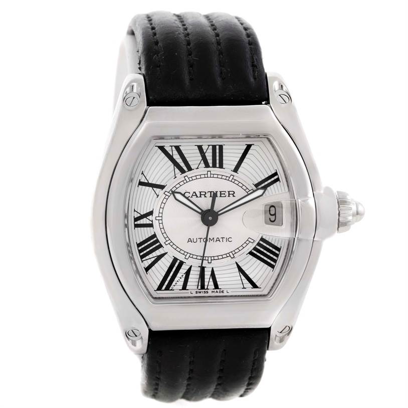 The Cartier Roadster W62025V3 Men
s Stainless Steel Silver Dial W62025V3 Men
s Stainless Steel Silver Dial watch is shown from a front angle, highlighting its face, band, and crown.