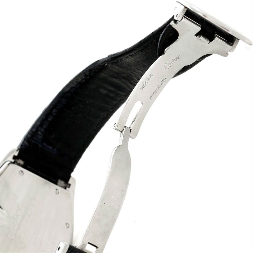 The image shows the stainless steel clasp and partial leather strap of the Cartier Roadster W62025V3 Men
s Stainless Steel Silver Dial W62025V3 Men
s Stainless Steel Silver Dial watch, viewed from the back.