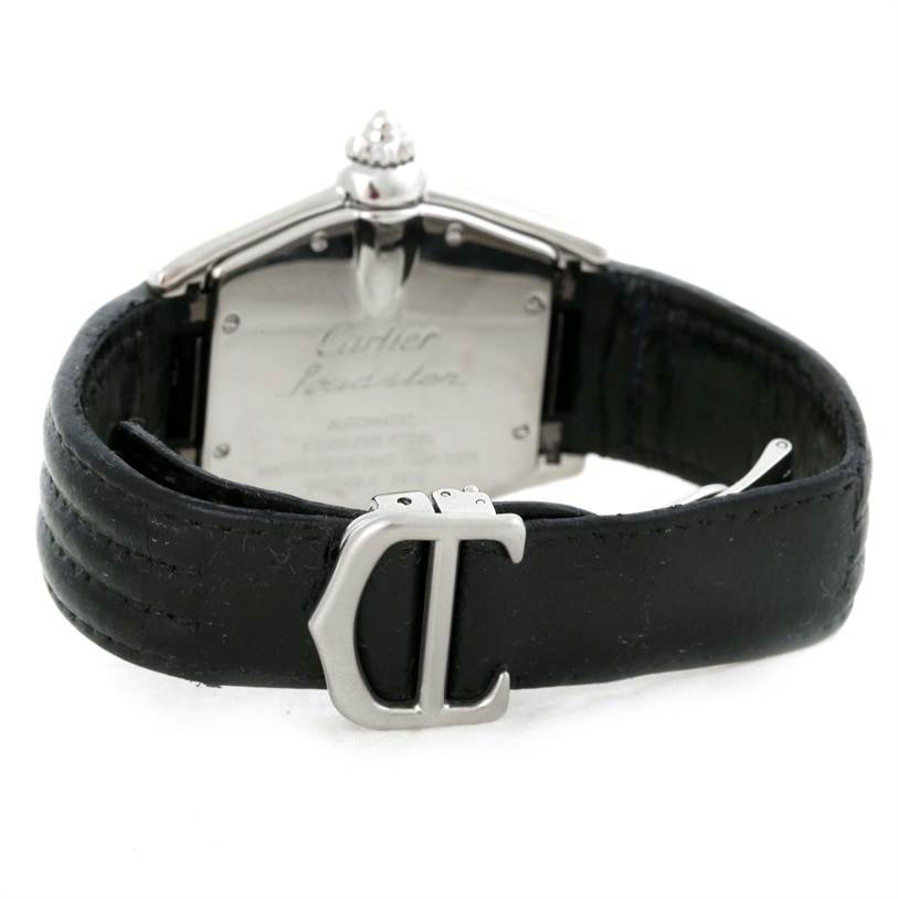 The Cartier Roadster W62025V3 Men
s Stainless Steel Silver Dial W62025V3 Men
s Stainless Steel Silver Dial watch is shown from the back, highlighting its leather strap and case back.