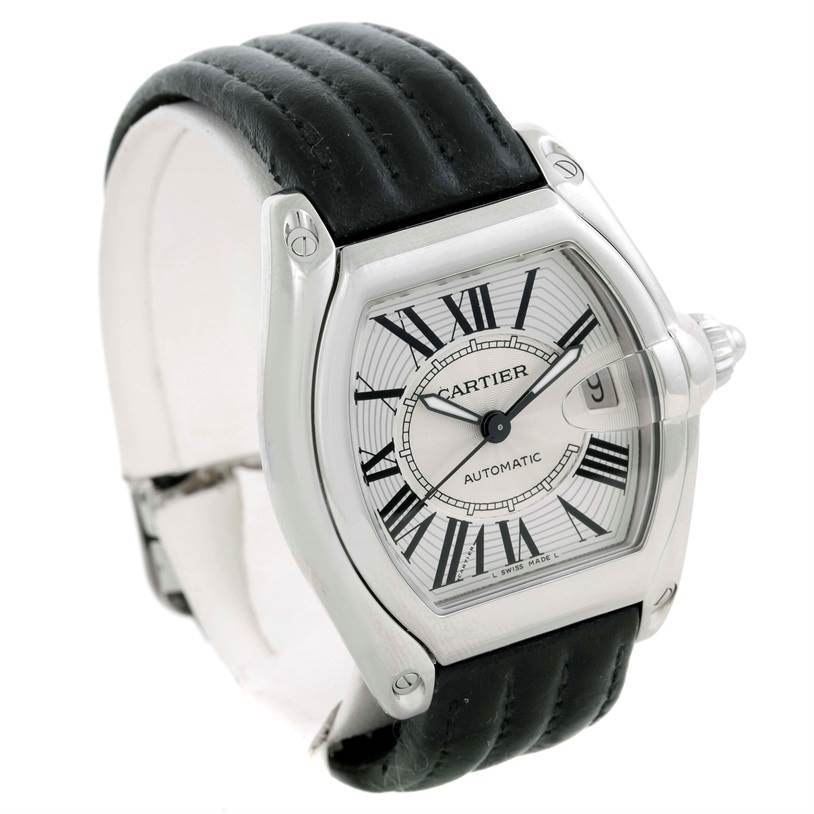 The image shows a Cartier Roadster W62025V3 Men
s Stainless Steel Silver Dial W62025V3 Men
s Stainless Steel Silver Dial watch from an angled side view, highlighting its face, crown, and leather strap.