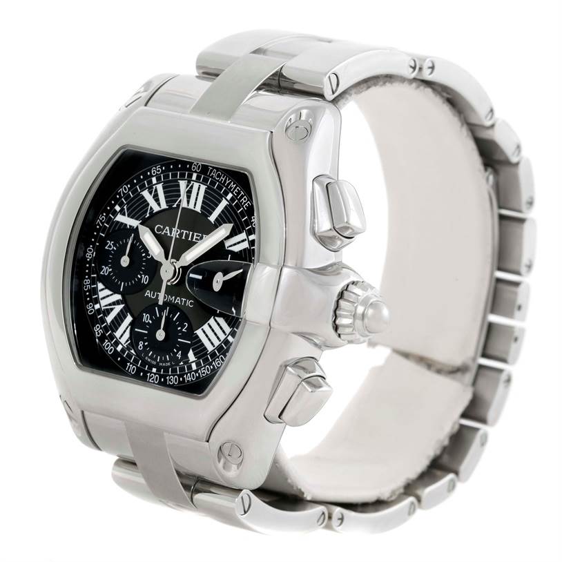 This image showcases the Cartier Roadster W62007X6 Men's Stainless Steel Black Dial W62007X6 Men's Stainless Steel Black Dial watch at an angle, highlighting its face, bezel, crown, and metal bracelet.