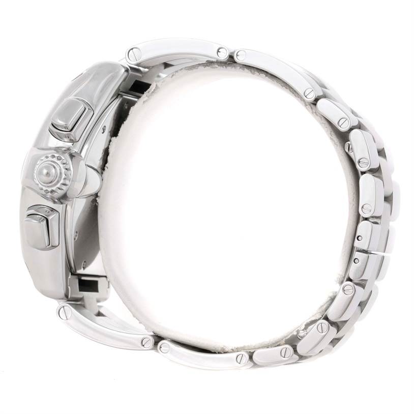 This image shows a side view of the Cartier Roadster W62007X6 Men's Stainless Steel Black Dial W62007X6 Men's Stainless Steel Black Dial model, highlighting the crown, push-buttons, and part of the bracelet.