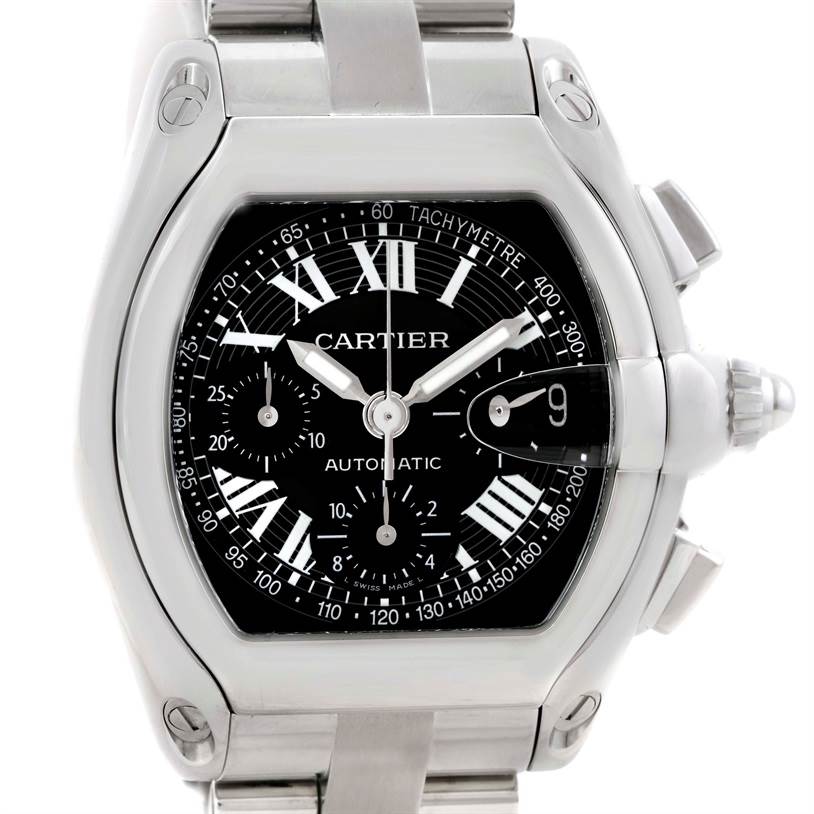 The image shows a Cartier Roadster W62007X6 Men's Stainless Steel Black Dial W62007X6 Men's Stainless Steel Black Dial watch, displaying the front dial, bezel, crown, and part of the bracelet.