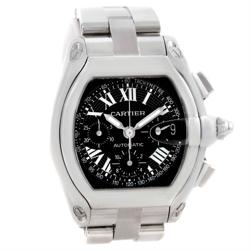 The image shows a frontal view of the Cartier Roadster W62007X6 Men's Stainless Steel Black Dial W62007X6 Men's Stainless Steel Black Dial watch, highlighting its dial, hands, Roman numerals, case, and bracelet.