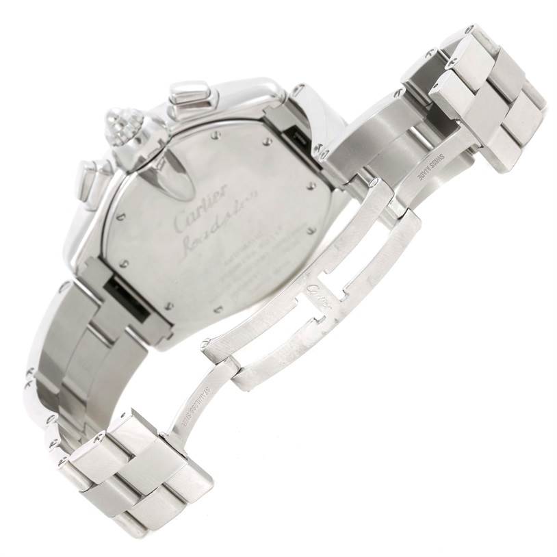 The image shows the back case and partially opened stainless steel bracelet of a Cartier Roadster W62007X6 Men's Stainless Steel Black Dial W62007X6 Men's Stainless Steel Black Dial watch.