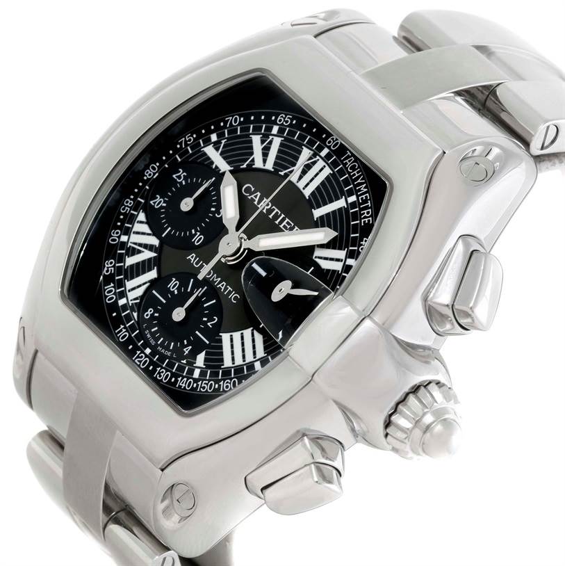 The Cartier Roadster W62007X6 Men's Stainless Steel Black Dial W62007X6 Men's Stainless Steel Black Dial watch is shown at an angle displaying the face, side buttons, crown, and part of the bracelet.