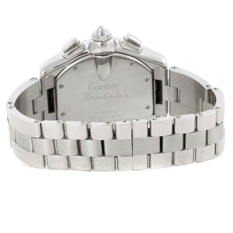 The image shows the back and clasp of the Cartier Roadster W62007X6 Men's Stainless Steel Black Dial W62007X6 Men's Stainless Steel Black Dial watch, focusing on its stainless steel bracelet.